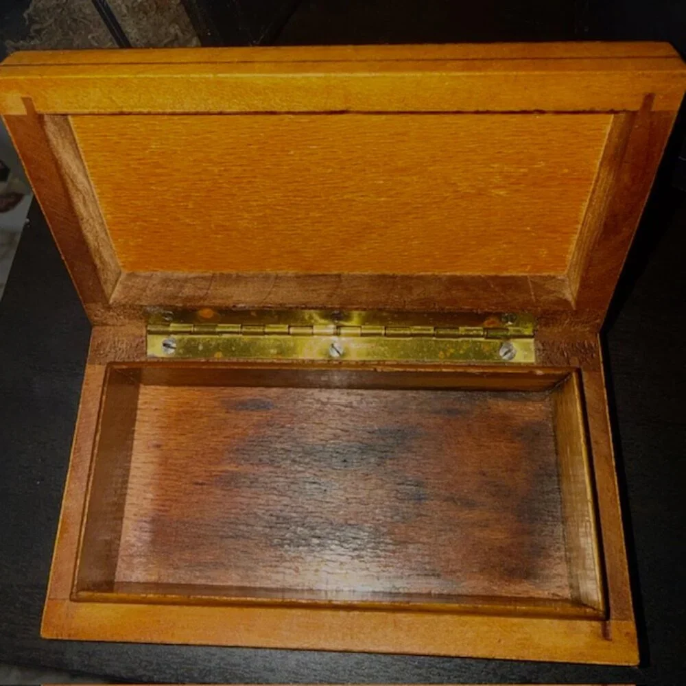 Small Wooden Treasures Box with Intricate Design on Lid